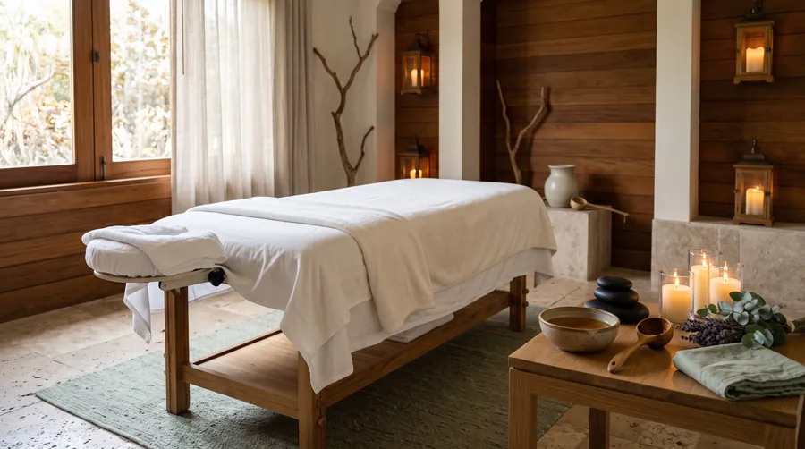 Massage room with a linen covered table, oil and candles