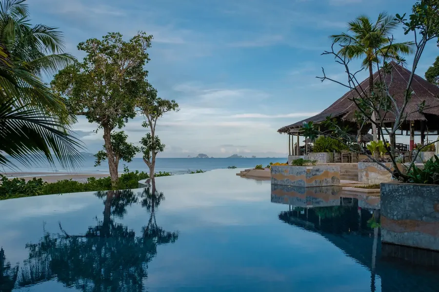 Infinity pool of a tropical resort mirroring trees and sky at dusk