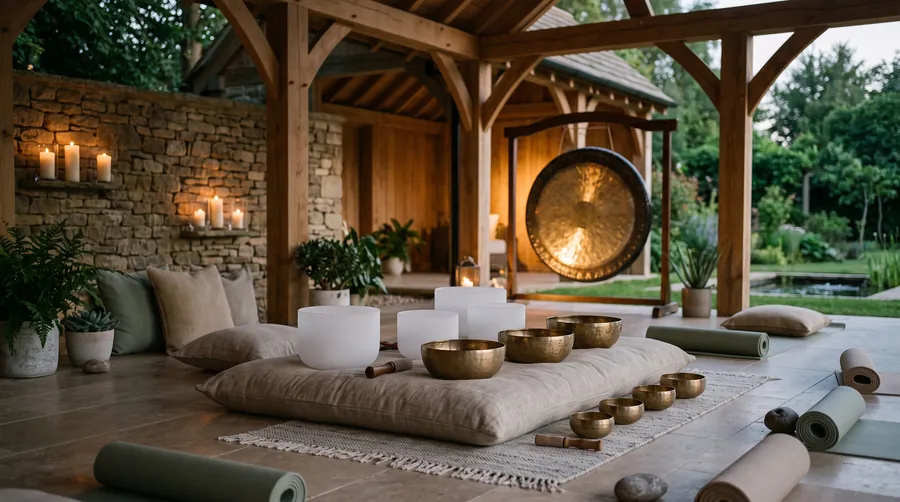 Singing bowls and a gong prepared for a sound bath