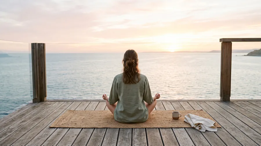Yoga on a teak terrace above the sea at sunrise